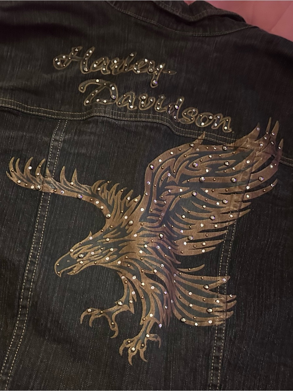 VntgHarley-Davidson Rhinestone Eagle Graphic Denim Jacket Mcbling bikercore